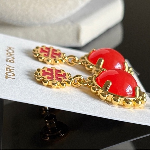 TORY BURCH WINSLOW RED + GOLD DROP EARRINGS - Picture 4 of 8
